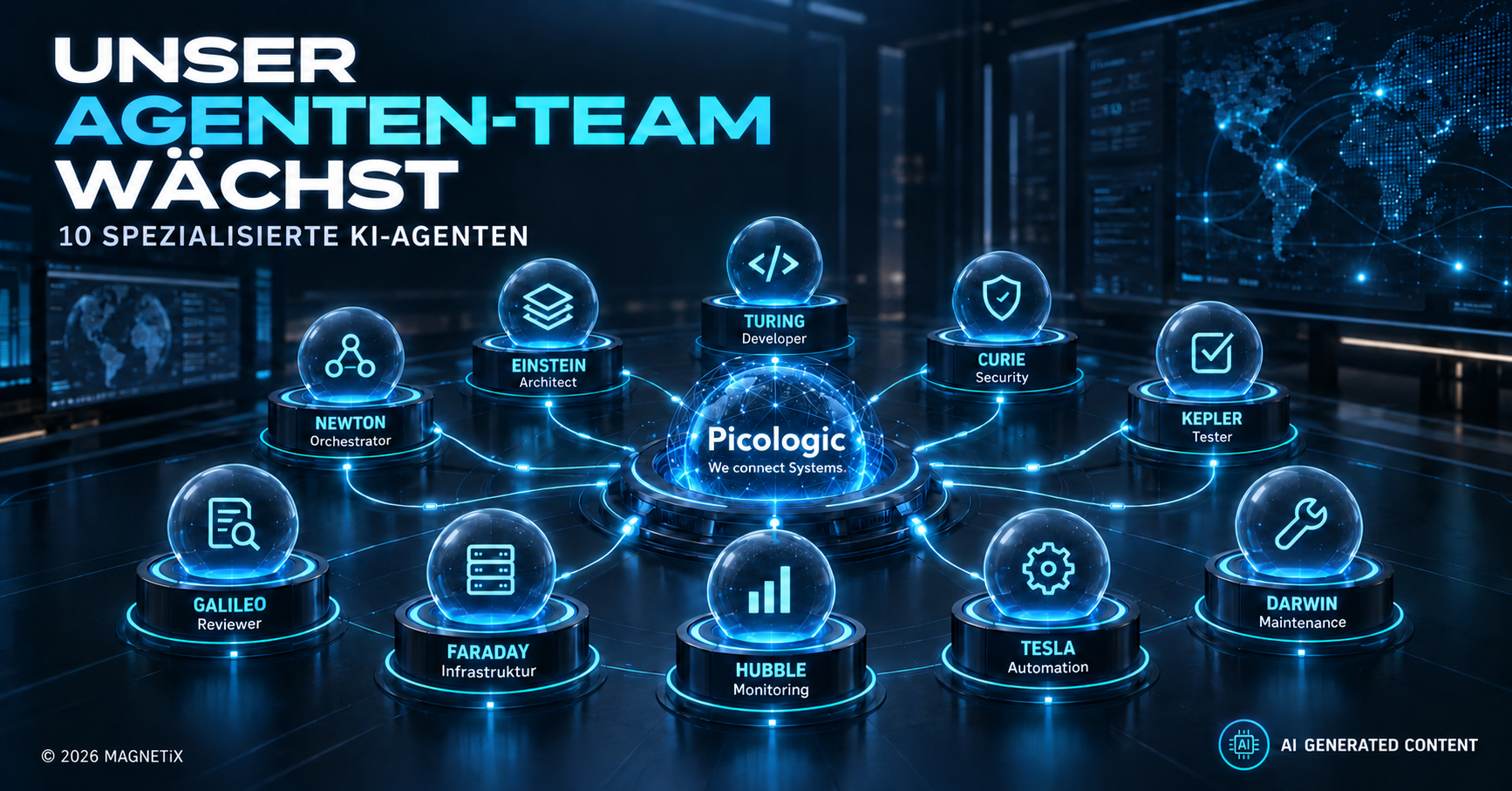 Picologic agent team with ten specialist AI agents around the central orchestration system.